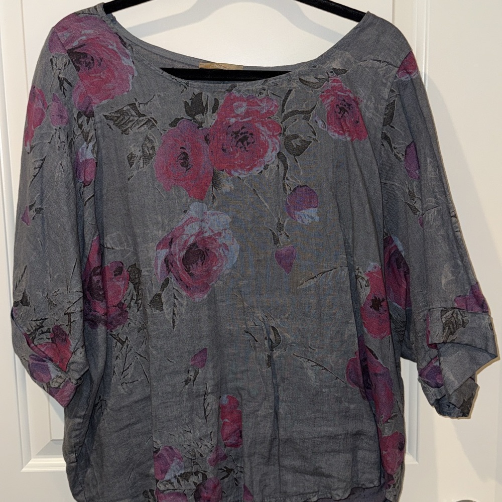 Linen Floral Gray and Pink Women's Top